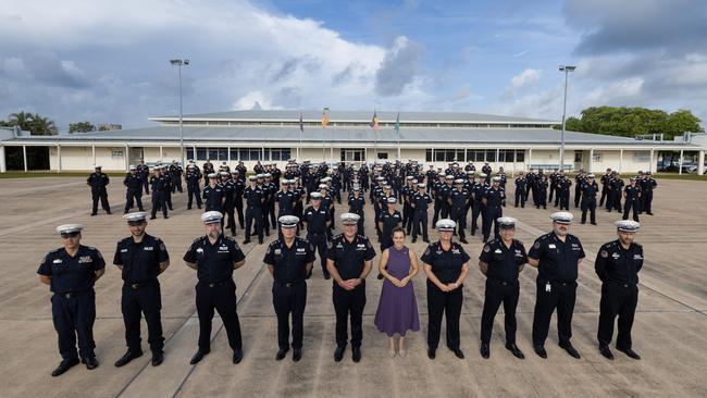 Drone shots of Chief Minister Lia Finocchiaro and NT Police Commissioner Michael Murphy with officers from NT Police in February 2025. Picture: NT Police