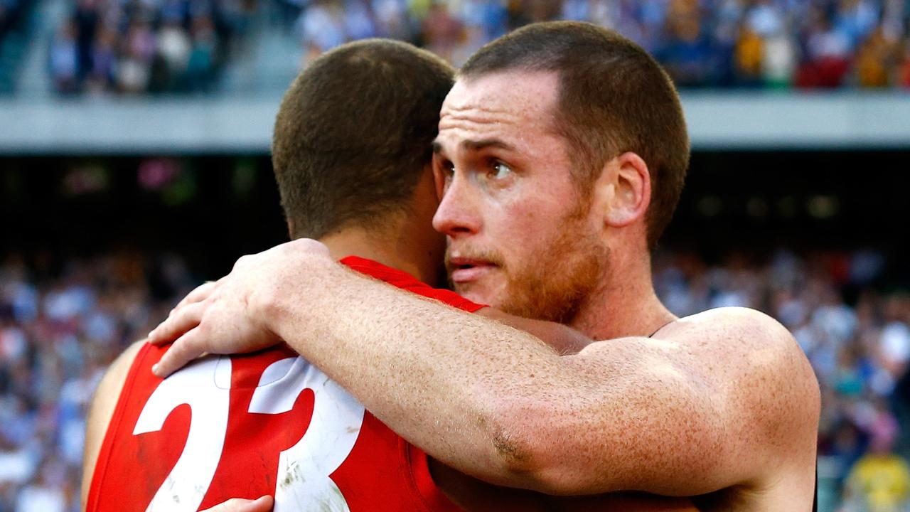 Jarryd Roughead and Lance Franklin after the 2014 AFL Grand Final. Picture: Wayne Ludbey