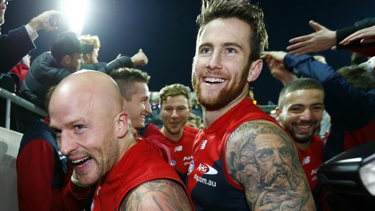 AFL Round 12. Geelong vs Melbourne at Simonds Stadium. A happy Nathan Jones and Jeremy Howe after todays win over Geelong . Pic: Michael Klein