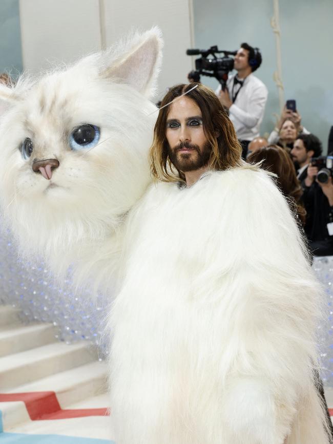 When photographers wanted Jared Leto to look in their direction they just shined a laser onto the wall behind them at the 2023 Met Gala. Picture: AFP.