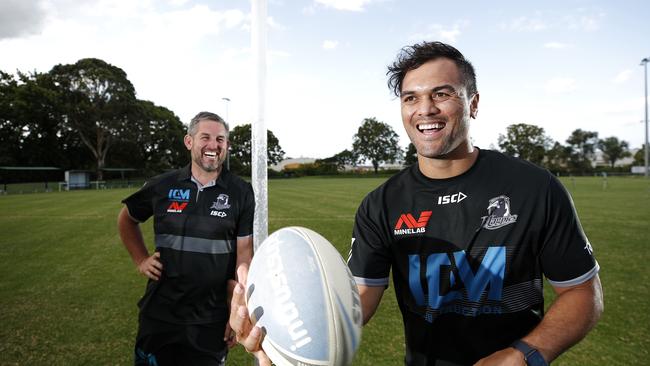 Souths Logan head coach Steven Bretherton and Karmichael Hunt at the Magpies.(Image/Josh Woning)