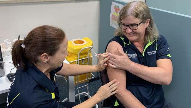 The first person to be vaccinated for COVID-19 at Ipswich Hospital today was Infection Prevention Clinical NurseConsultant Monica Prior.