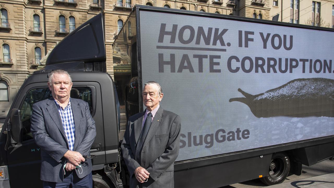 Ian Cook from I Cook Foods and former Victoria Police Chief Commissioner Kel Glare with the Slug Truck on Wednesday. Picture: NCA NewsWire / Paul Jeffers