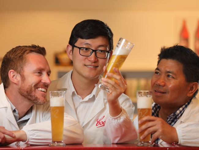 ADV News: Coopers has worked with the Data To Decisions (D2D) Cooperative Research Centre and Carnegie Mellon student Zhaohan Wang(glasses) on a big data project aimed at improving the consistency of its beer. Together they have developed an algorithm that highlights important characteristics of the brewing process and ensures a consistent final product even when key elements change. Pic of Coopers supply chain manager Dr Jon Meneses, D2D CRC lead data scientist Dennis Horton and (AAP Image/Russell Millard) NO ARCHIVING