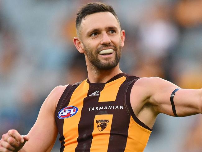 MELBOURNE, AUSTRALIA - JUNE 01: Jack Gunston of Hawks celebrates a goal during the round 12 AFL match between Hawthorn Hawks and Adelaide Crows at Melbourne Cricket Ground, on June 01, 2024, in Melbourne, Australia. (Photo by Morgan Hancock/AFL Photos/via Getty Images)