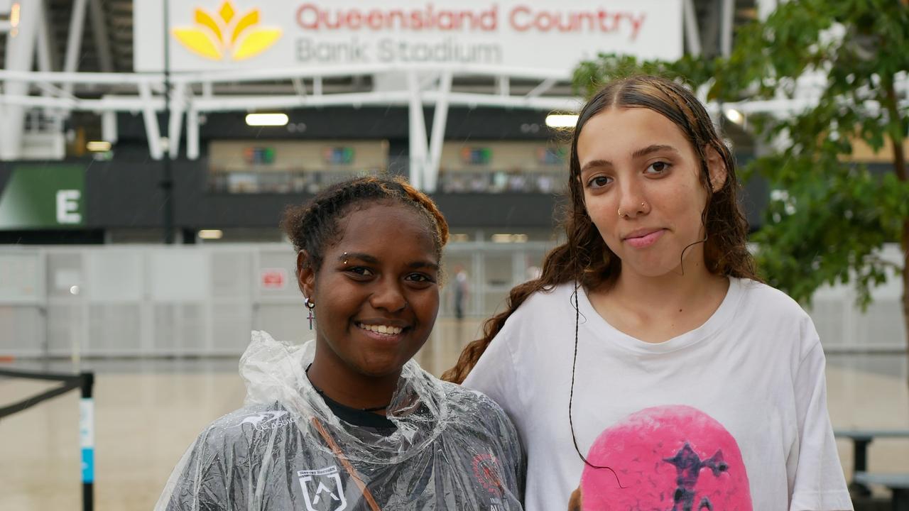 Norisha Mairu-Eseli and Mattea Mairu, 16, before the NRL All Stars matches in Townsville on Friday. Picture: Blair Jackson