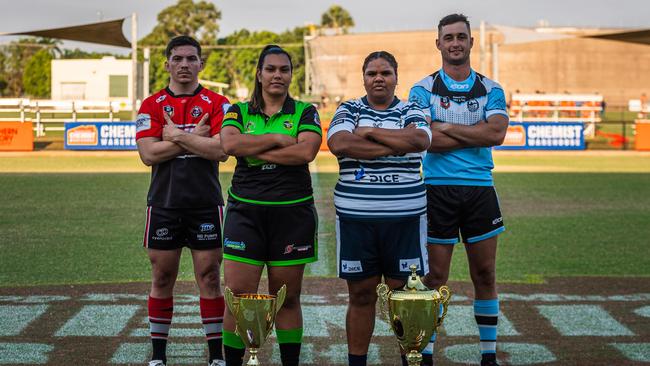 Litchfield Bears captain Trent Wedding, Palmerston Raiders captain Briannon Ross, Darwin Brothers captain Bianca Scrymgour and Northern Sharks captain Mitch Burke ahead of the 2023 NRL NT grand final. Picture: Pema Tamang Pakhrin