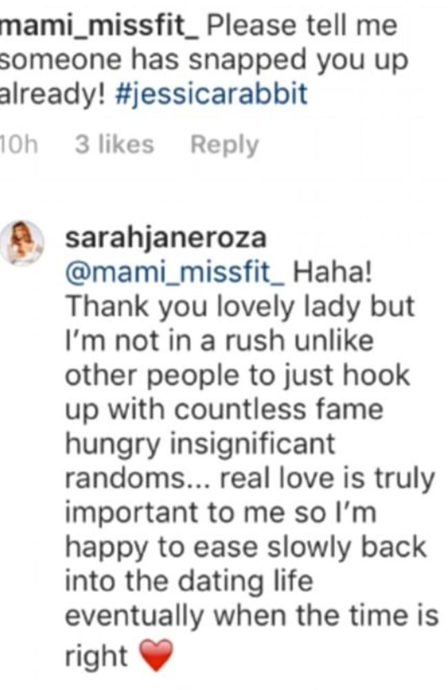 MAFS star Sarah Roza has taken a swipe at her ex-partner Telv and his new girlfriend on her Instagram account.