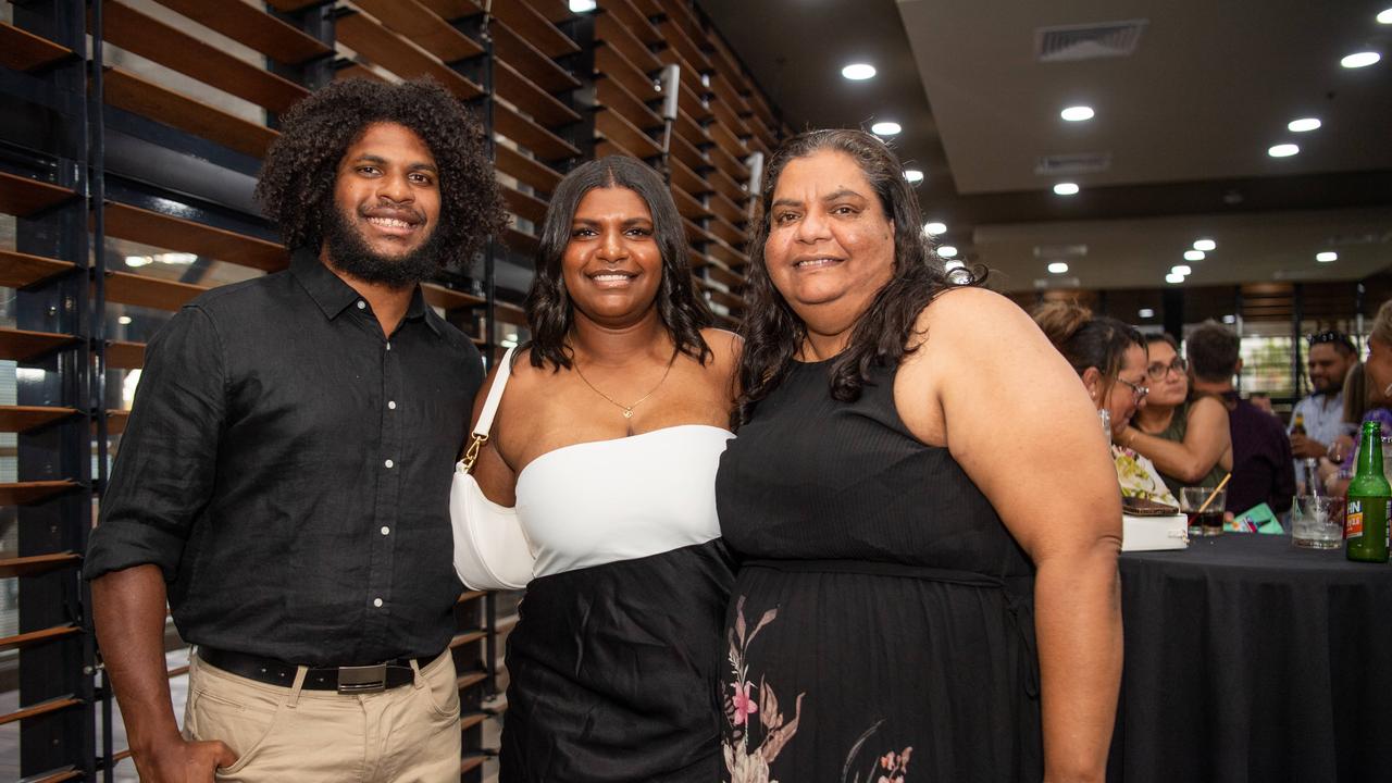 Caleb Niki, Ellie Niki and Margaret O'Brien at the 2023 NRL NT Frank Johnson / Gaynor Maggs medal night. Picture: Pema Tamang Pakhrin