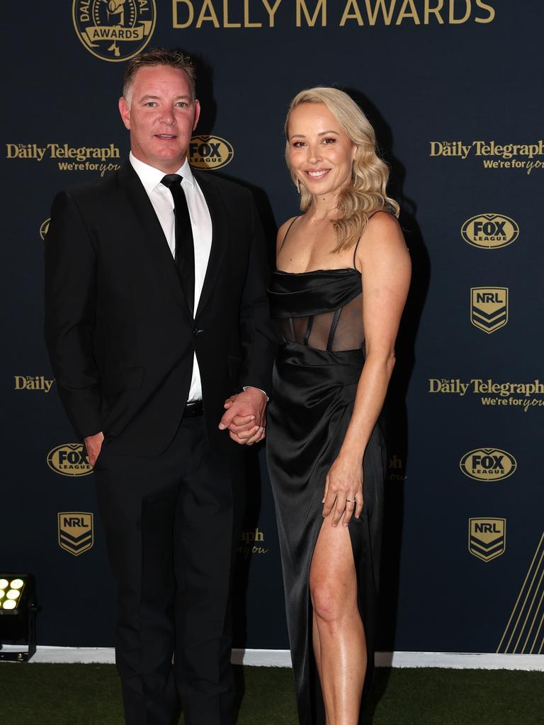 Newcastle Knights coach Adam O'Brien and his wife Sharyn arrive ahead of the 2023 Dally M Awards. Picture: Mark Kolbe/Getty Images