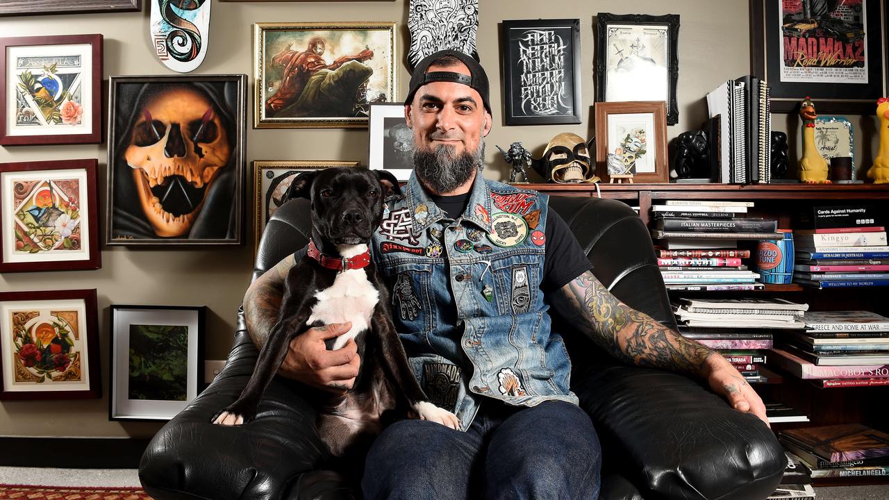 Pedro Six with his dog Rainbow, from Renegade Art Society in Brunswick West. Picture: Josie Hayden