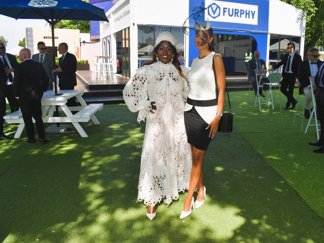 Guests in striking racewear at Penfolds Derby Day at the Flemington Racecourse on Saturday, November 02, 2024: