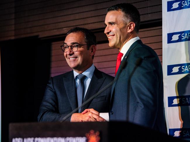 ADELAIDE, AUSTRALIA - NewsWire Photos MARCH 26, 2021: The Premier of South Australia Steven Marshall shakes hands with the leader of the South Australian Labor Opposition at a special SA Press Club event. Picture: NCA NewsWire / Morgan Sette