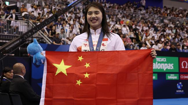 Gold medallist Yufei Zhang of Team China during the medal ceremony for the women's 100m butterfly at the 2023 World Aquatics Championships in Fukuoka, Japan. Two years earlier, she broke the Olympic and world records for the 200m butterfly at the Tokyo Olympics. Picture: Sarah Stier/Getty Images