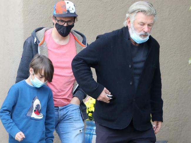 Alec Baldwin seen in Santa Fe with Halyna Hutchins' husband Matt and 9 year old son following the prop gun shooting incident. Picture: Backgrid Australia