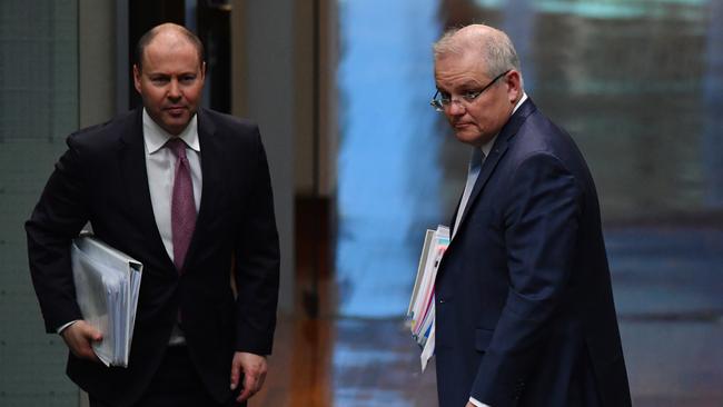 Josh Frydenberg and Scott Morrison depart Question Time in the House of Representatives at Parliament House in May, 2020.