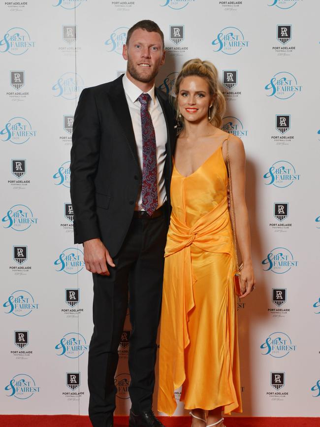 Brad Ebert and wife Bec at the Port Adelaide Best and Fairest red carpet in 2020. Picture: Brenton Edwards