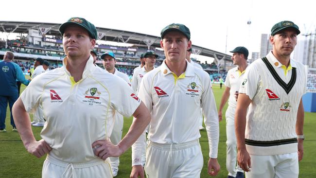 Steve Smith, Marnus Labuschagne and Scott Boland look on after the narrow defeat at the Oval. Picture: Getty