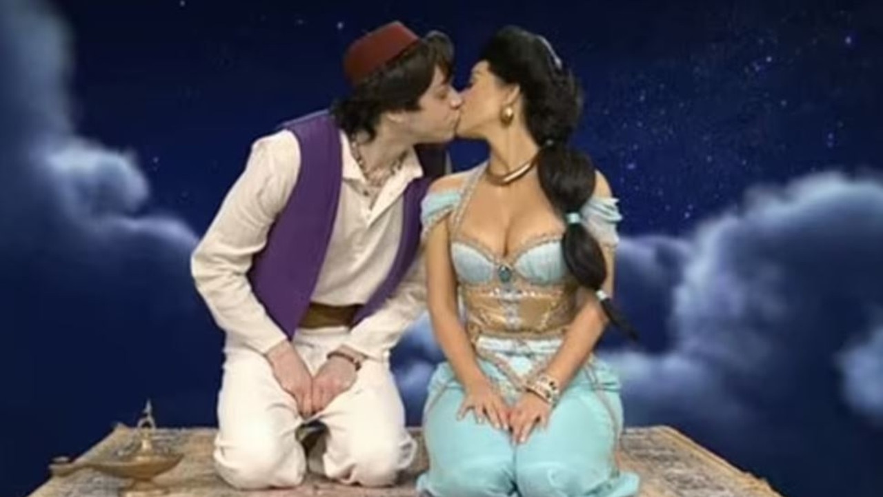 Pete Davidson and Kim Kardashian kiss during a skit on SNL. Picture: NBC