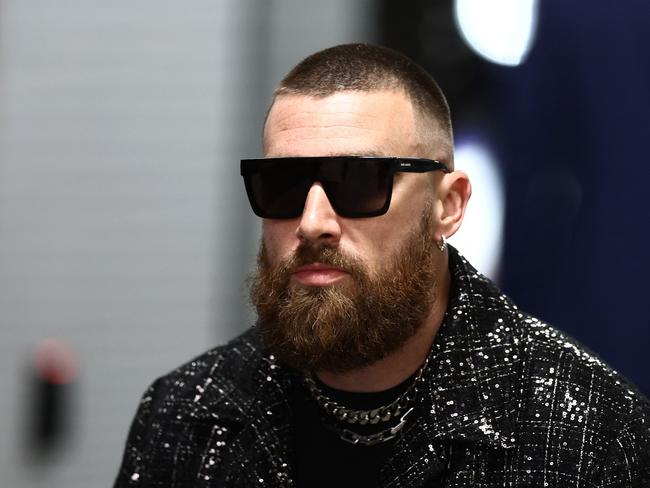 Travis Kelce makes a dramatic entrance into the Allegiant Stadium for the Super Bowl LVIII. Picture: AFP