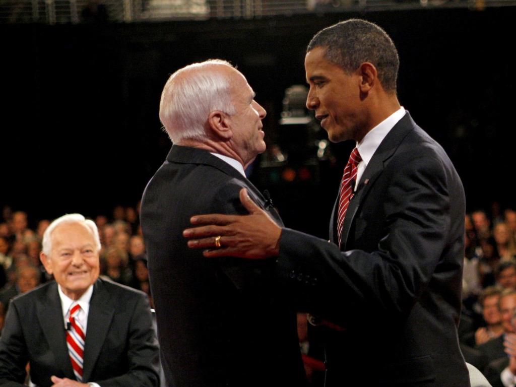 Former Republican US presidential candidate Senator John McCain and his Democratic counterpart Senator Barack Obama before the start of their third presidential debate in 2008. Picture: AP