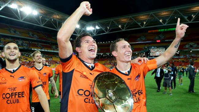 Shane Stefanutto and Matt Smith of the Roar celebrates winning the Premiers Plate. Picture: Darren England.