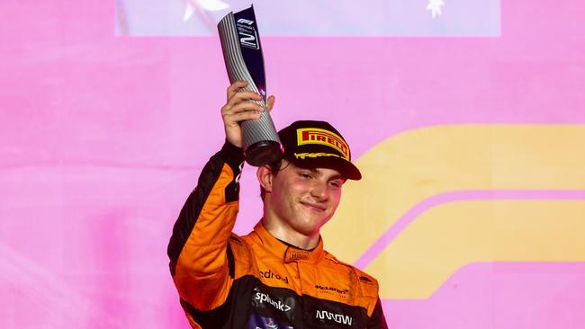 Oscar Piastri celebrates on the podium after finishing second in the Qatar Grand Prix. Picture: Getty Images