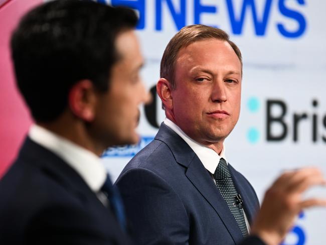 BRISBANE, AUSTRALIA. NewsWire Photos. OCTOBER 3RD, 2024. Queensland Premier Steven Miles (right), and Opposition David Crisafulli during their first state election debate at Nine studios in Brisbane, October 3, 2024. Picture: Pool via NewsWire/ Dan Peled