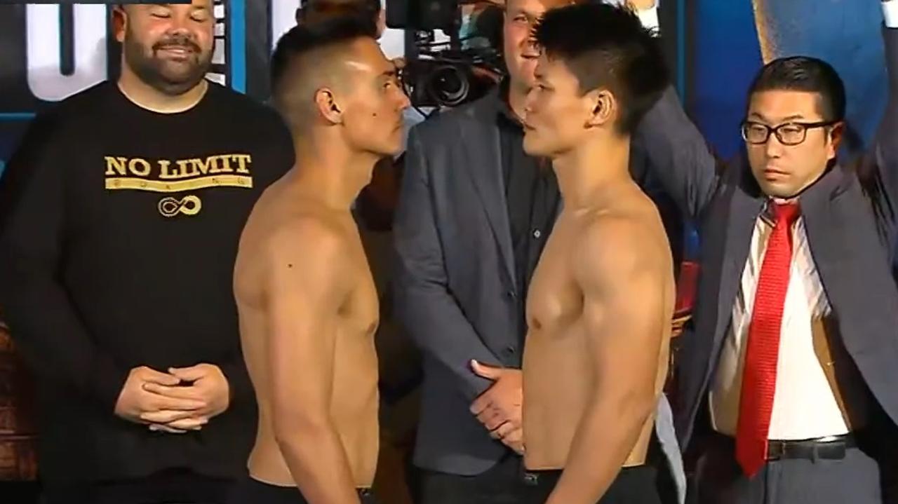 Tim Tszyu cleared weight at the official weigh-ins. Photo: Kayo, Fox Sports.