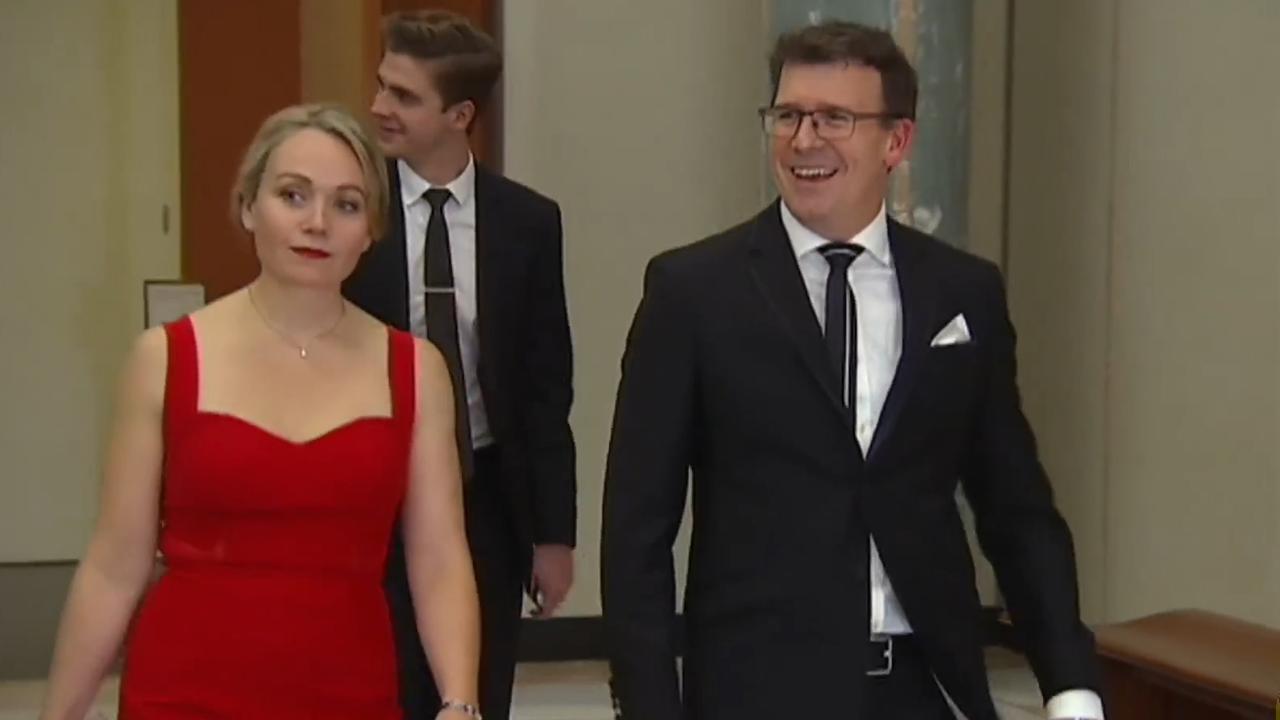 Alan Tudge arrives at the 2017 Mid-Winter Ball in the company of Liberal staffer Rachelle Miller, who he was revealed to be having an affair with.