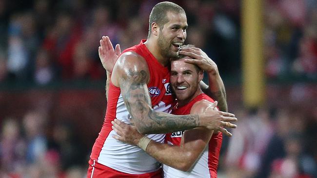 Lance Franklin (left) celebrates a goal with Ben McGlynn. (AAP Image/David Moir)