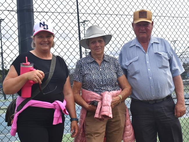 Toowoomba's Nicole Williams with Wondoan's Jan and Doug Bradshaw at the Queensland Country Rugby Championships in Rockhampton on June 29, 2024.
