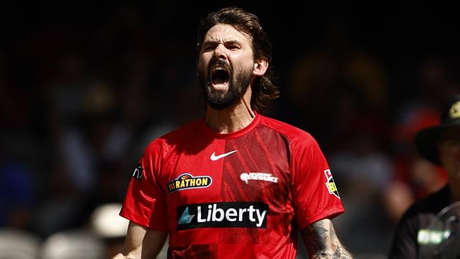 MELBOURNE, AUSTRALIA - JANUARY 01:  Kane Richardson of the Renegades celebrates the wicket of Faf Du Plesssis of the Scorchers during the Men's Big Bash League match between the Melbourne Renegades and the Perth Scorchers at Marvel Stadium, on January 01, 2023, in Melbourne, Australia. (Photo by Darrian Traynor/Getty Images)