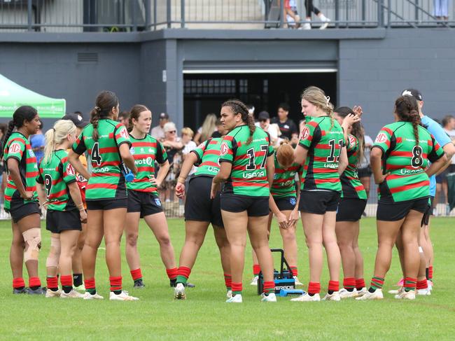 The Rabbitohs gather in the Tarsha Gale Cup. Photo: Warren Gannon Photography