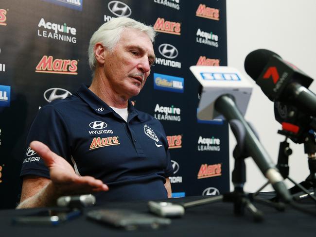 Carlton training at Ikon Park, Coach Mick Malthouse during his press conference. Melbourne. 15th May 2015. Picture: Colleen Petch.