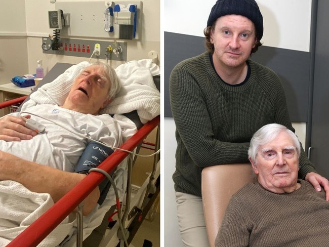 Basil Mackinnon is hospital after a horror accident (left) and pictured with his son Andrew (right).