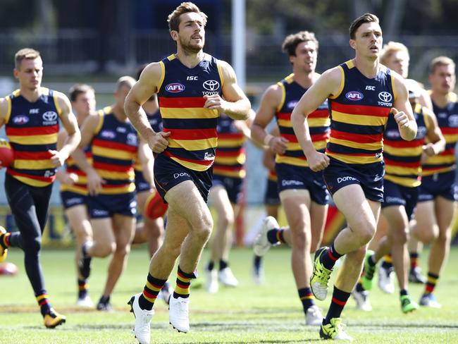 Richard Douglas and Jake Lever lead the Crows at training. Picture: SARAH REED