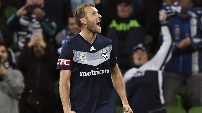 Melbourne Victory striker Ola Toivonen celebrates his goal against Wellington. Picture: AFP 