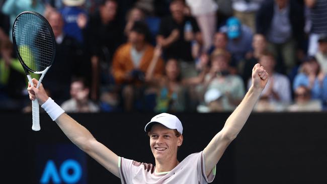 Italy's Jannik Sinner celebrates victory against Serbia's Novak Djokovic on Rod Laver Arena. Picture: David Gray / AFP.