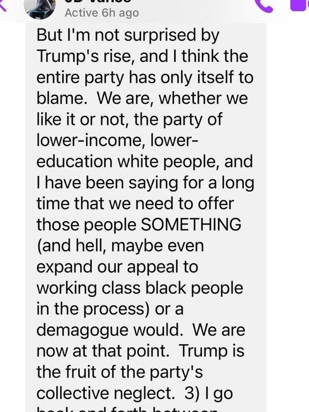 The text sent by JD Vance in 2016