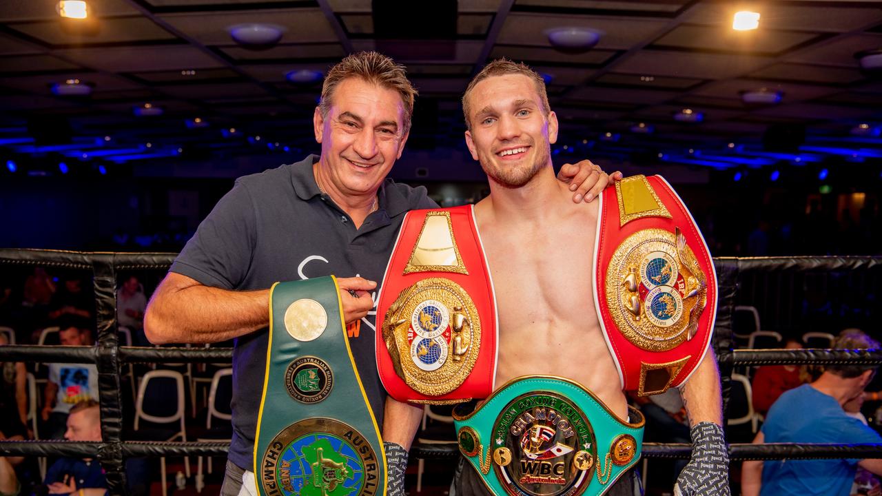 Steven Spark (right) celebrates his latest win with trainer/manager Brendon Smith. Photo: DSL Photography