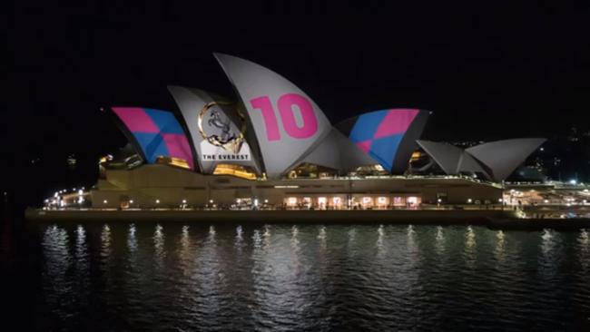 An artist’s impression of the Everest barrier draw being projected onto the Sydney Opera House.