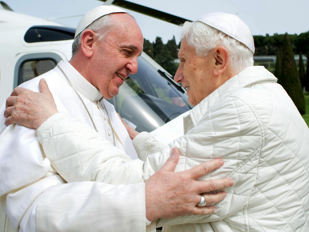Pope Francis meets Pope emeritus Benedict XVI in Castel Gandolfo on March 23, 2013 for a lunch. Picture: AP/Osservatore Romano, HO