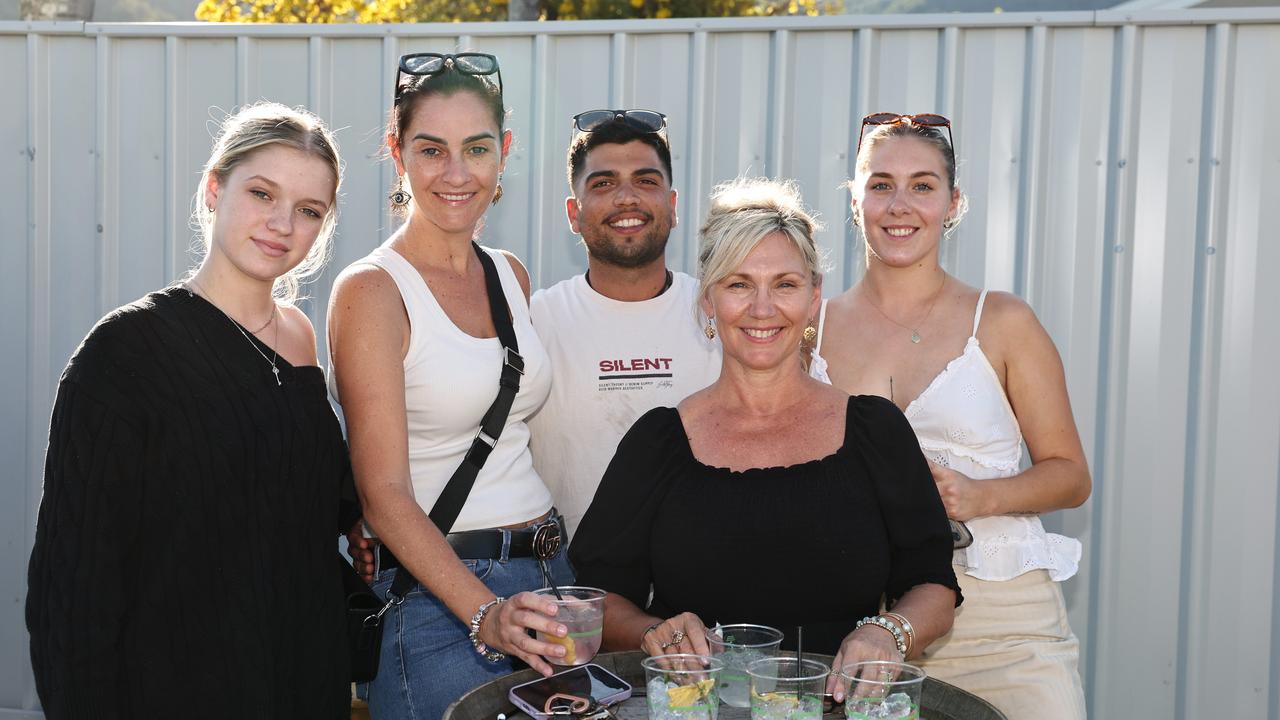 Imogen Denman, Karina Denman, Isaac Oghlanian, Karen Sims and Phoebe Sims at the grand opening of Distil on the Hill's new Smithfield distillery. Picture: Brendan Radke