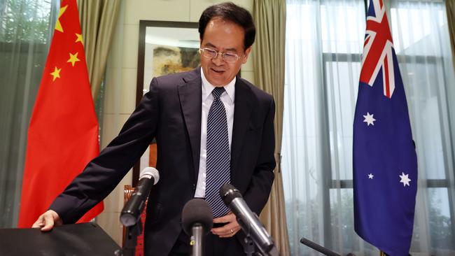 Chinese Ambassador to Australia, Cheng Jingye, gives a press conference in Canberra earlier this year. Picture: NCA NewsWire / Gary Ramage