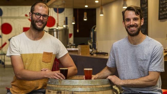 Daniel Hall and Steve Germain, in their new Tallboy & Moose brewhouse in Preston. Picture: Richard Serong