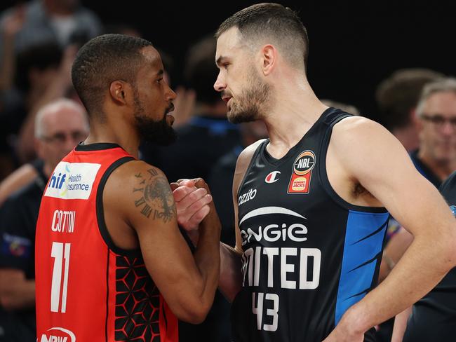 Game recognises game: Bryce Cotton and Chris Goulding speak after United’s semi-final series-sealing game three win. Picture: Getty Images