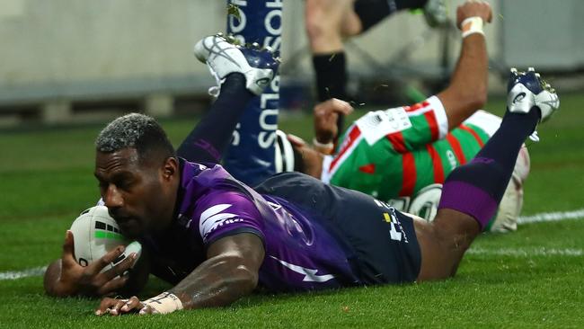 Melbourne Storm winger Suliasi Vunivalu scores a try against South Sydney at AAMI Park in Round 4. Picture: Getty Images