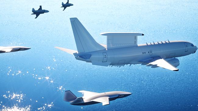 Loyal Wingman screen protecting a Wedgetail AEW&amp;C aircraft (Boeing). Picture: Supplied