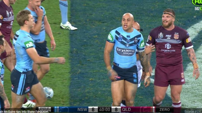 Josh McGuire delivers a disgusting spray at Blake Ferguson. Picture: Fox Sports